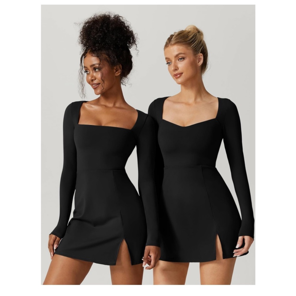 🖤 BLACK Square Neck Bodice Dress Long Sleeve Side Slit Flare Mini Dresses
